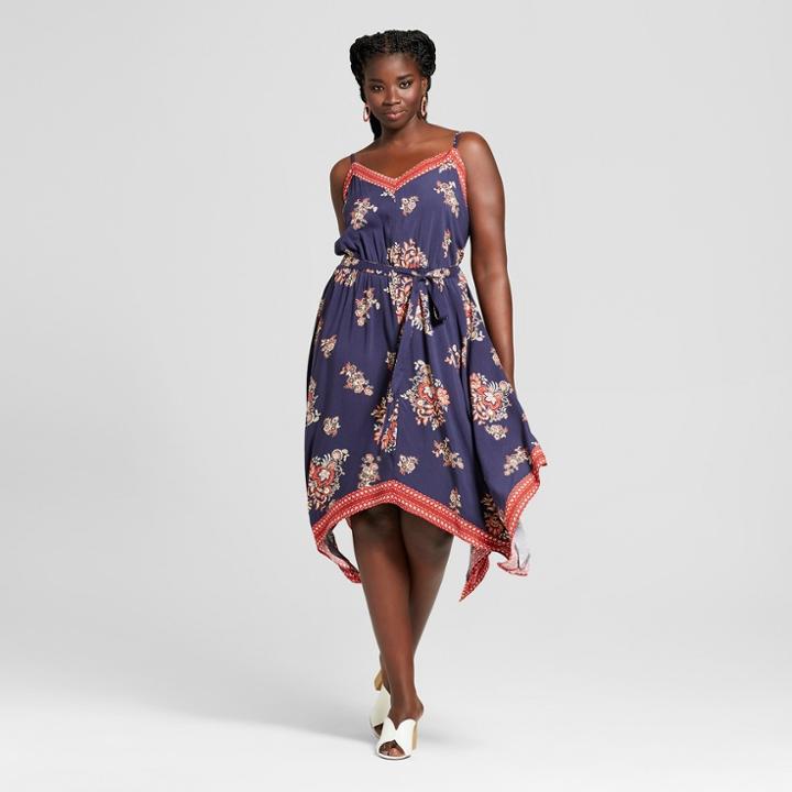 Women's Plus Size Floral Print Handkerchief Hem Dress - Xhilaration Blue X