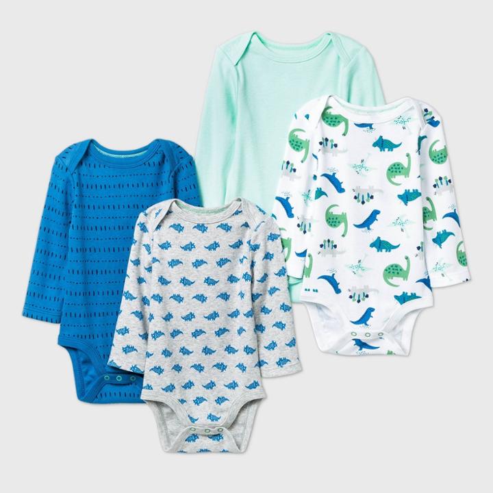 Baby Boys' 4pk Dino Dreams Long Sleeve Bodysuit - Cloud Island Blue/green/gray
