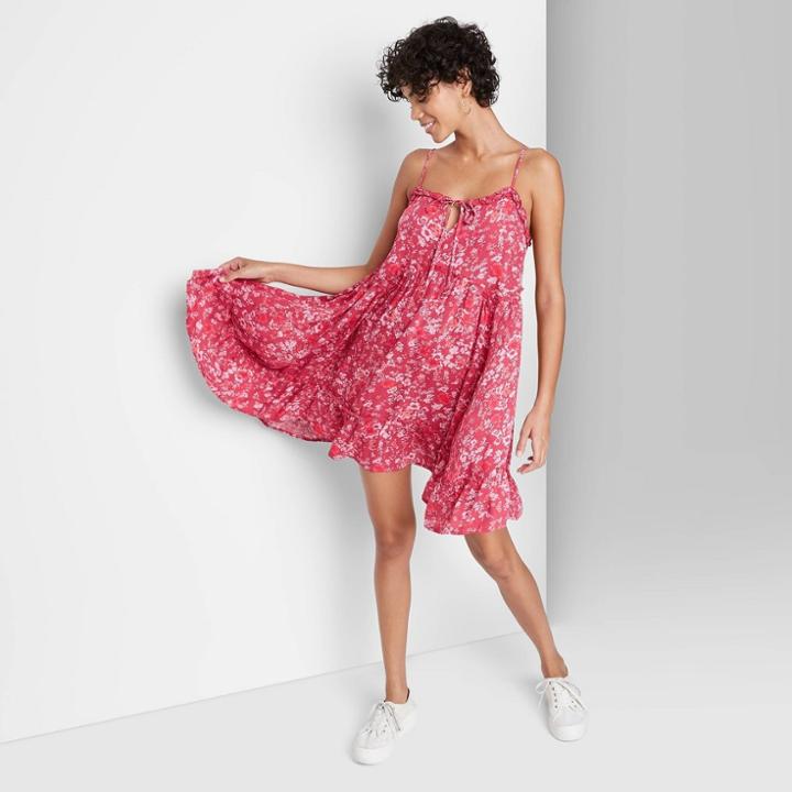 Women's Sleeveless Tie-front Breezy Dress - Wild Fable Dark Pink Floral