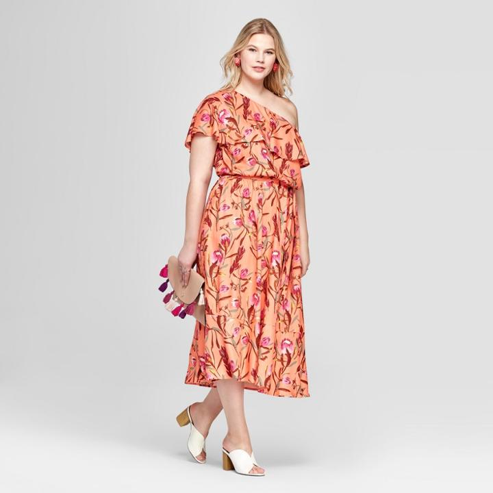 Women's Plus Size Floral Print One Shoulder Dress - Ava & Viv Coral