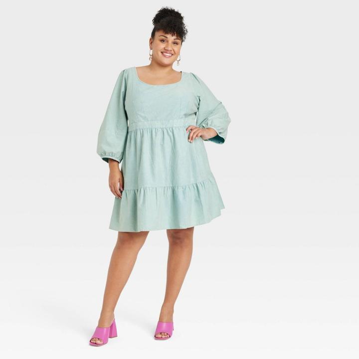 Women's Plus Size Balloon 3/4 Sleeve A-line Dress - Ava & Viv Teal Blue