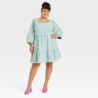 Women's Plus Size Balloon 3/4 Sleeve A-line Dress - Ava & Viv Teal Blue