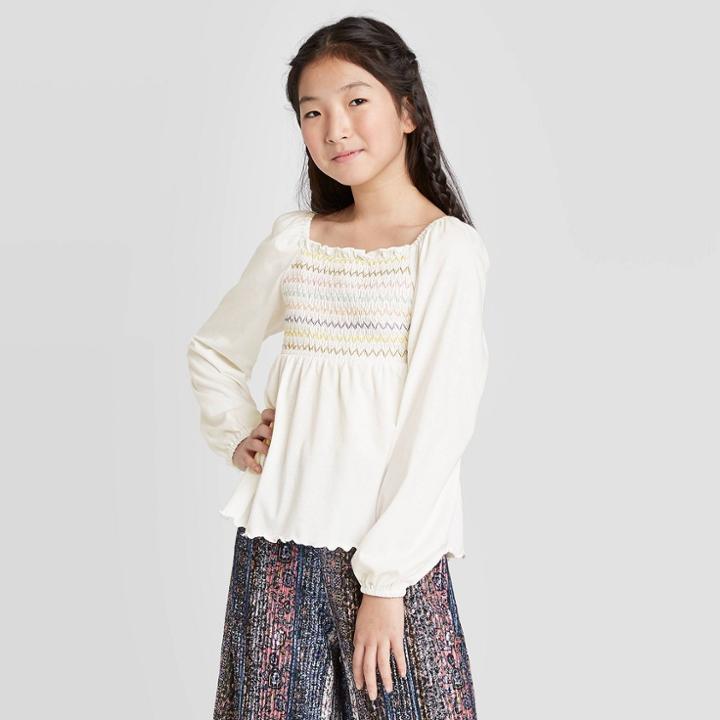 Girls' Smocked Knit Top - Art Class Cream S, Girl's, Size: