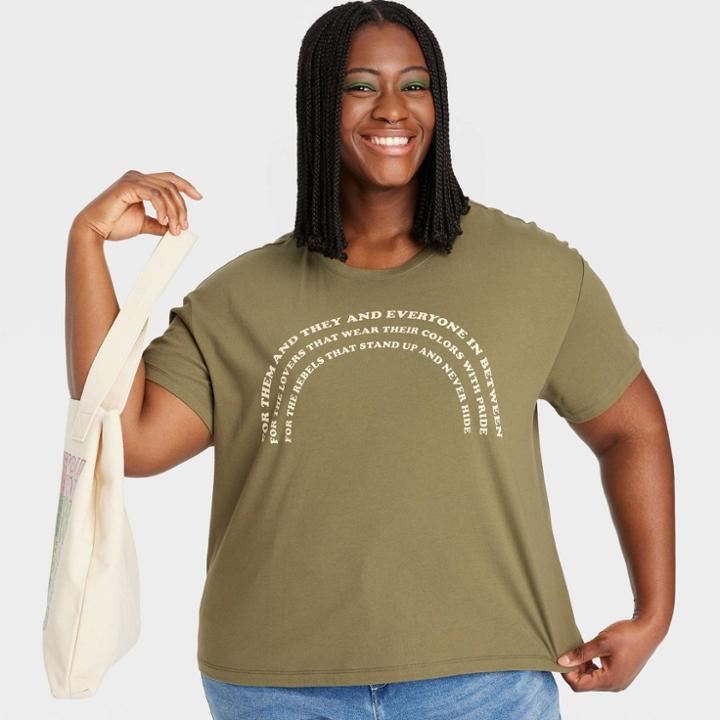 No Brand Pride Adult Plus Size Rainbow Short Sleeve T-shirt - Olive Green