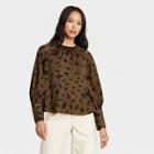 Women's Printed Balloon Long Sleeve High Cuff Blouse - Who What Wear Brown