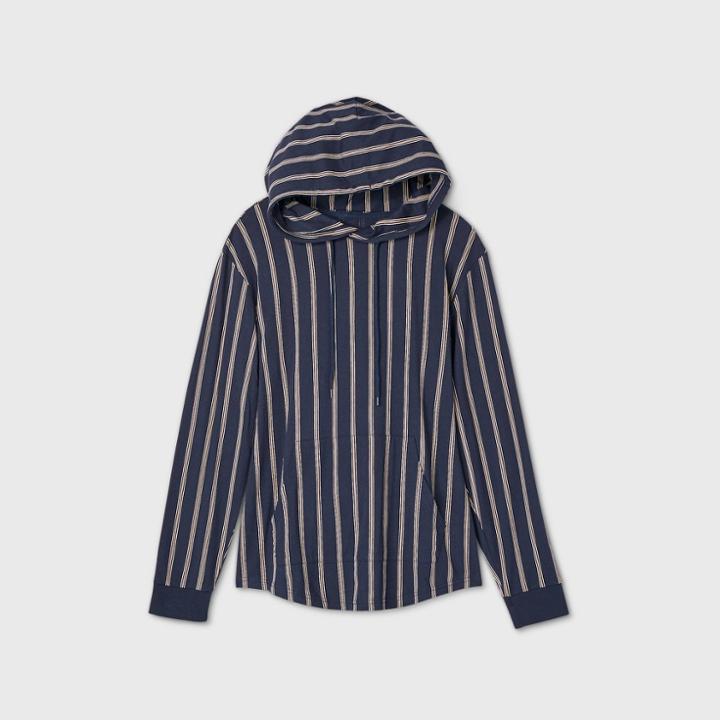 Men's Striped Long Sleeve Hooded T-shirt - Original Use Navy