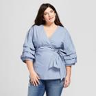 Women's Plus Size Stripe Long Sleeve Wrap Blouse - Ava & Viv Blue