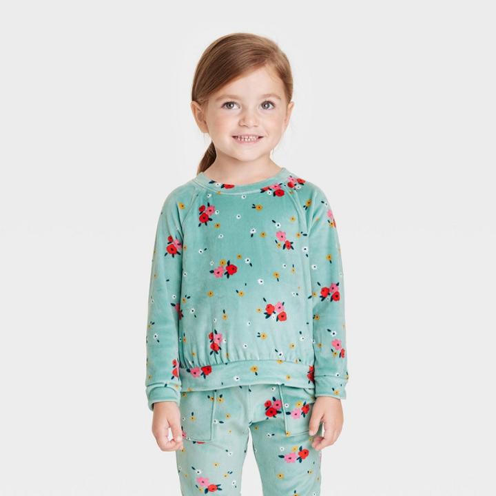 Toddler Girls' Floral Pullover - Cat & Jack Teal Green