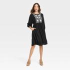 Women's Long Sleeve Embroidered Babydoll Dress - Knox Rose Black