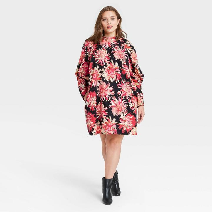 Women's Plus Size Floral Print Puff Long Sleeve Dress - Who What Wear Black