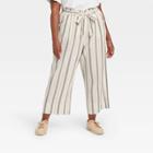 Women's Plus Size Striped Mid-rise Linen Cropped Wide Leg Pants - Knox Rose Olive Green