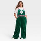 Born Famous Women's Plus Size Ugly Holiday Snowflake Velour Sleeveless Graphic Jumpsuit - Green