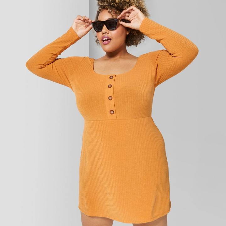 Women's Plus Size Long Sleeve Button Front Knit Dress - Wild Fable 2x Mustard (yellow)