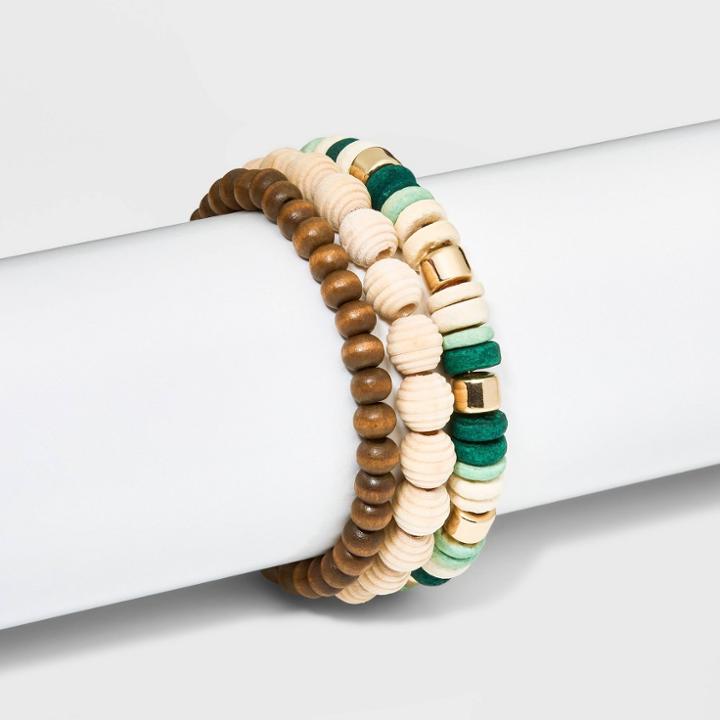 Wood And Pearl Beads Stretch Bracelet Set 3pc - A New Day Green