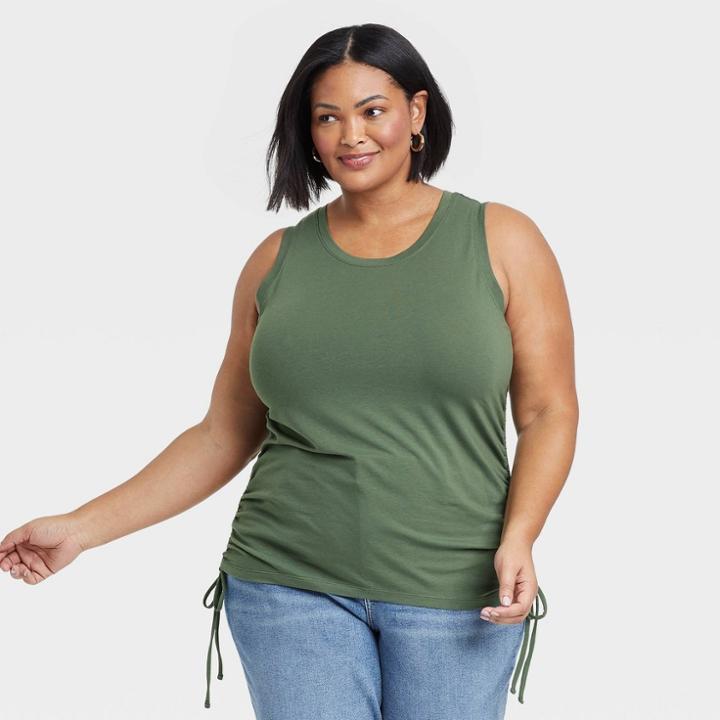 Women's Plus Size Ruched Slim Fit Side-tie Jersey Tank Top - Ava & Viv Green