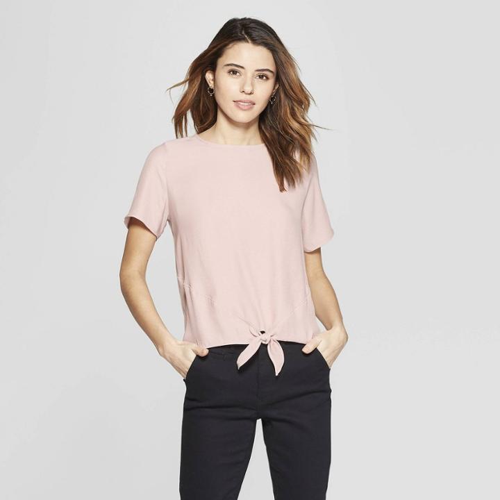 Women's Short Sleeve Satin Tie Front Top - A New Day