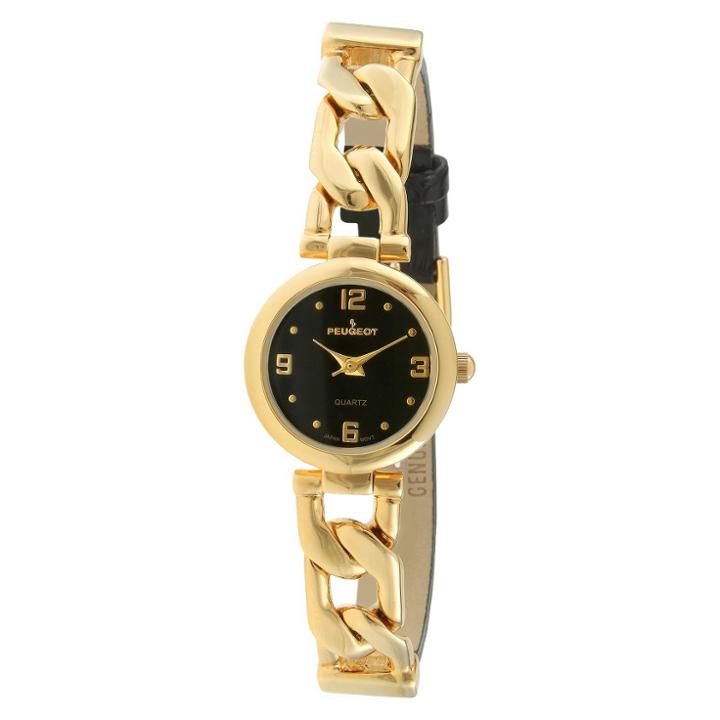 Peugeot Watches Women's Peugeot Half Leather Gold-tone Link Black Dial Watch - Black