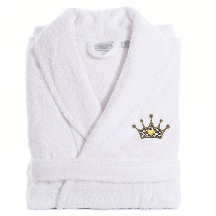 L/xl Terry Bathrobe With Cheetah Crown Embroidery White - Linum Home Textiles
