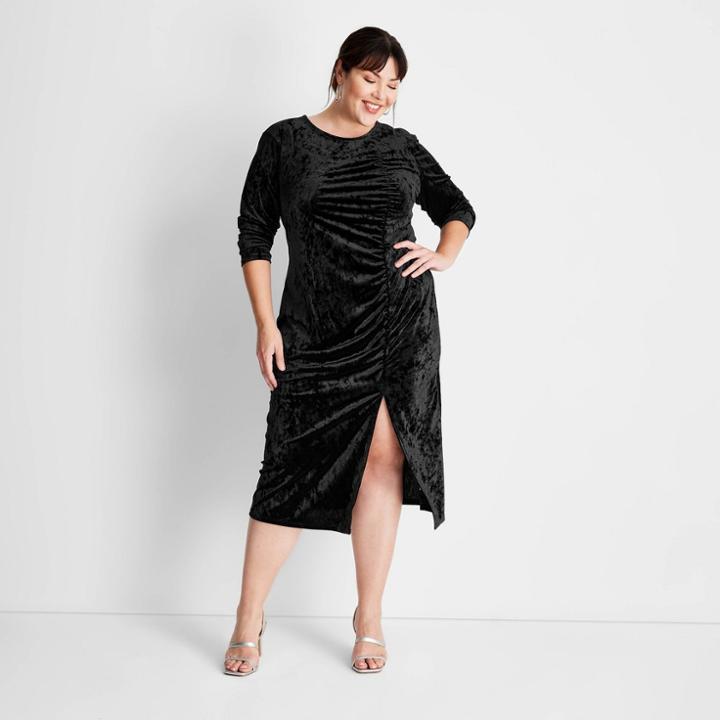 Women's Plus Size Velvet Ruched Long Sleeve Open Back A-line Dress - Future Collective With Kahlana Barfield Brown Black