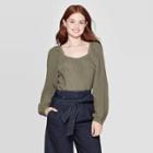 Women's Regular Fit Long Sleeve Square Neck Top - A New Day Olive (green)