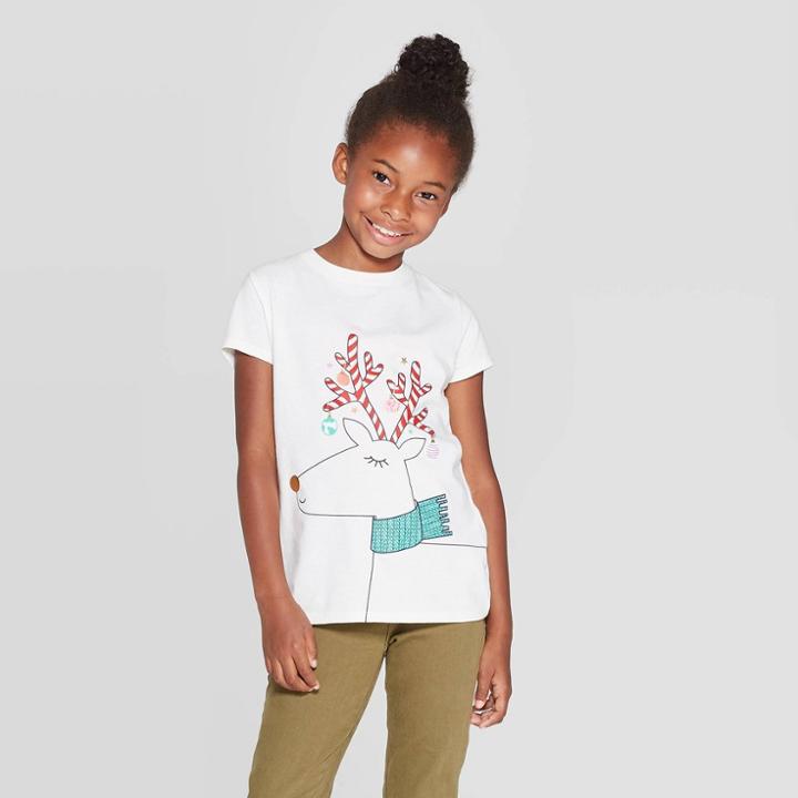Petitegirls' Short Sleeve Reindeer Graphic T-shirt - Cat & Jack Cream Xl, Girl's, White