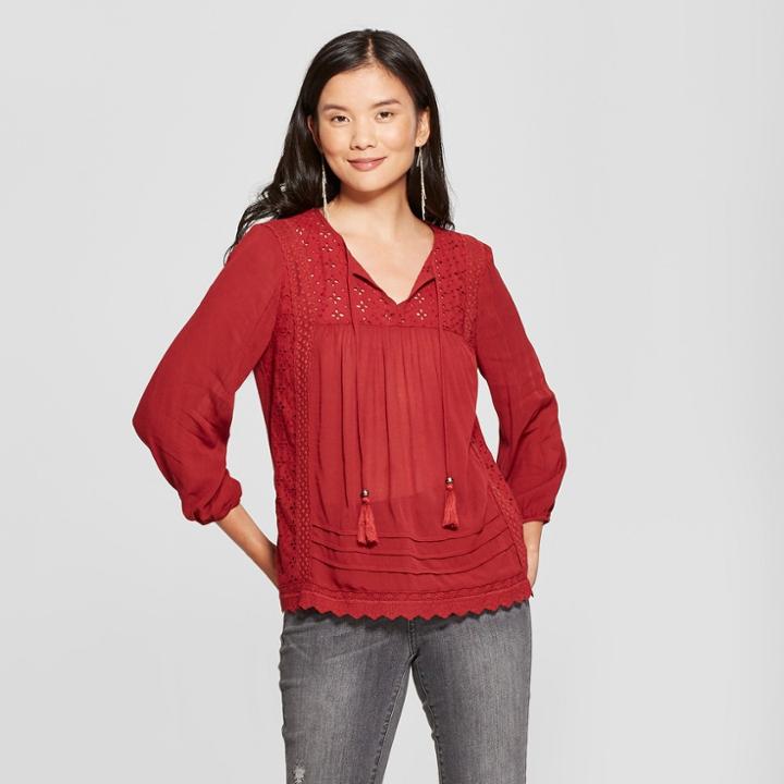 Women's Long Sleeve Eyelet Lace Tassel Blouse - Knox Rose Garnet (red)