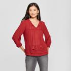 Women's Long Sleeve Eyelet Lace Tassel Blouse - Knox Rose Garnet (red)