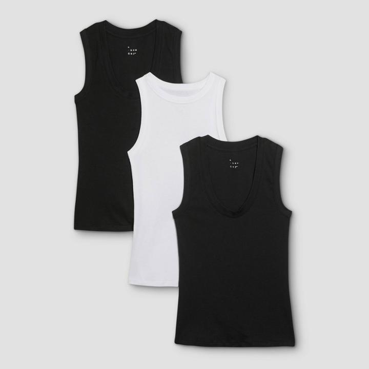 Women's Slim Fit 3pk Bundle Tank Top - A New Day Black/black/white