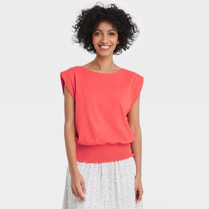 Women's Short Sleeve Boat Neck Smocked Hem T-shirt - A New Day Red