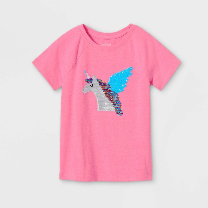 Girls' 'unicorn' Flip Sequin Short Sleeve T-shirt - Cat & Jack Neon Pink