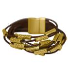 Zirconmania Zirconite Multi-strand Genuine Leather Cuff Bracelet With Textured Bar Inserts - Brown