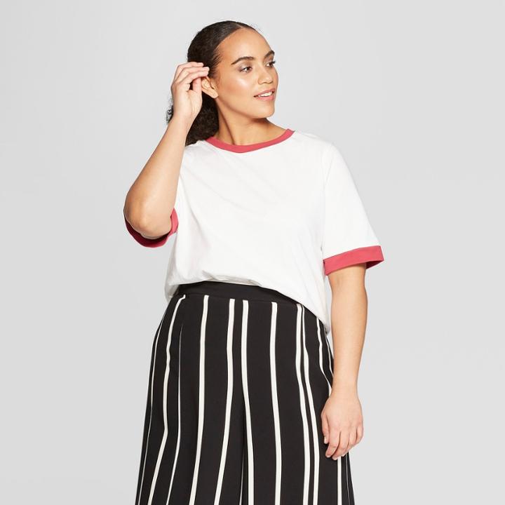 Women's Plus Size Short Sleeve Crew Neck Ringer T-shirt - Who What Wear White/red