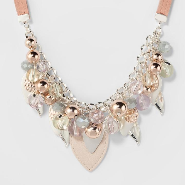 Suede, Beads, Glitzys & Leather Leaves Short Necklace - A New Day,