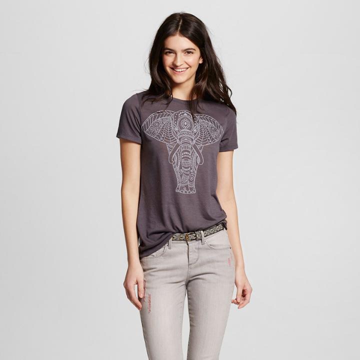 Women's Tribal Elephant Graphic T-shirt Charcoal Gray Xs - L.o.l. Vintage (juniors')