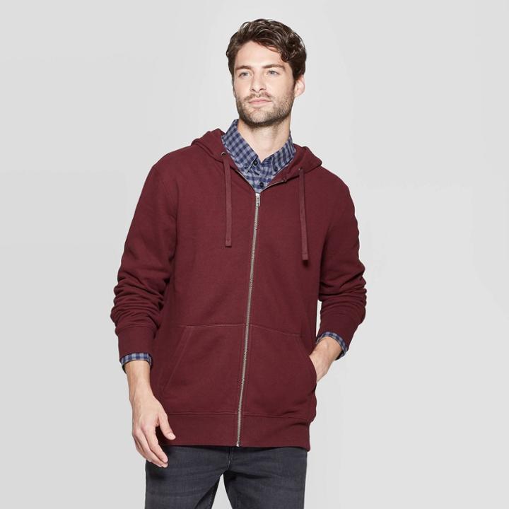 Men's Standard Fit Ultra-soft Full Zip Fleece Hoodie - Goodfellow & Co Pomegranate Mystery S, Size: Small, Red