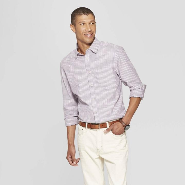 Men's Striped Long Sleeve Cotton Slub Button-down Shirt - Goodfellow & Co Violet