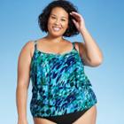 Women's Plus Size Angled Tiered Tankini Top - Aqua Green Blue