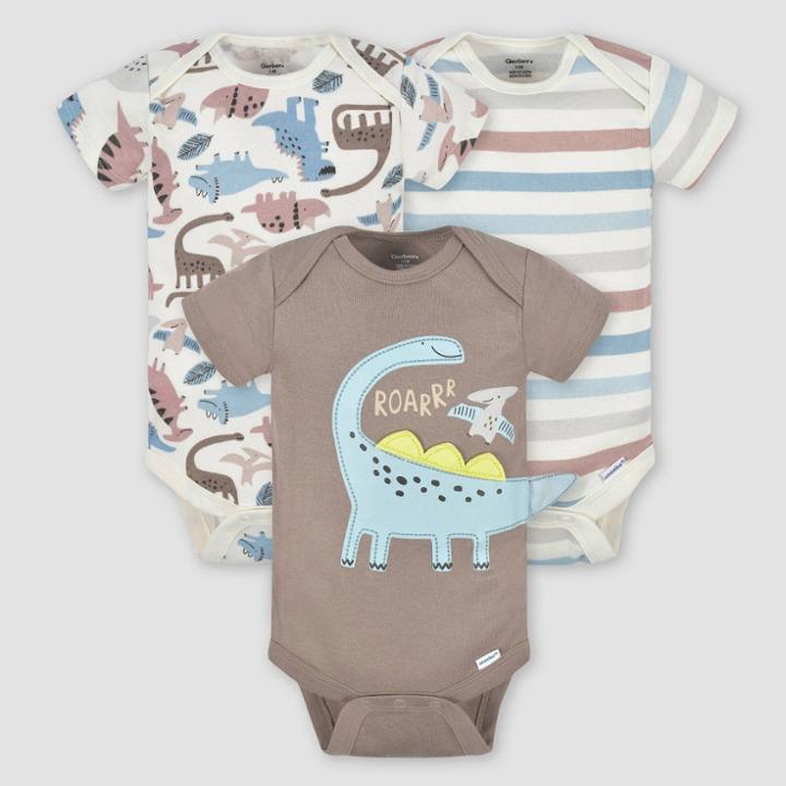Gerber Baby 3pk Dino Short Sleeve Onesies - White/brown Newborn