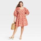 Women's Plus Size Short Sleeve A-line Dress - A New Day Orange Floral Print