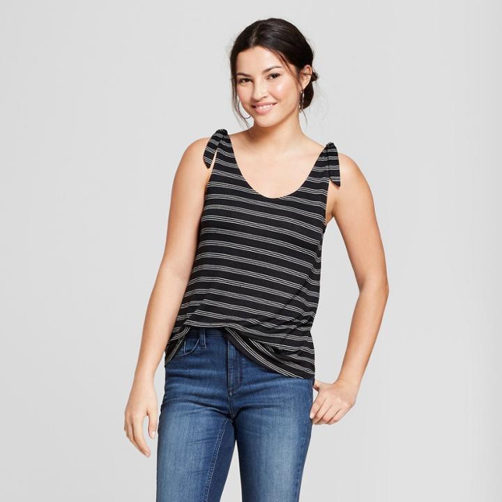 Women's Striped Shoulder Tie Tank - A New Day Black/white
