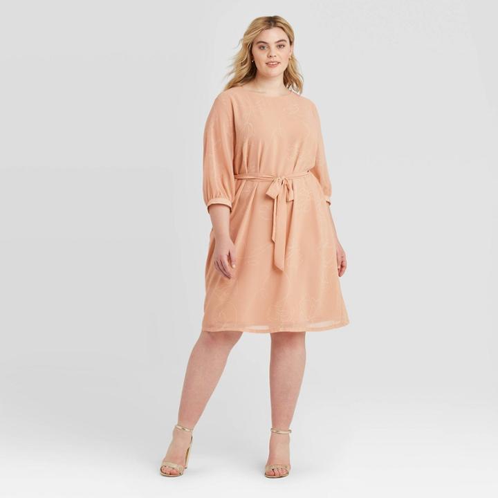 Women's Plus Size Floral Print Long Sleeve Midi Dress - Ava & Viv Pink X, Women's
