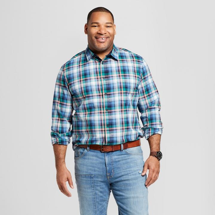 Men's Big & Tall Plaid Long Sleeve Cotton Slub Button-down Shirt - Goodfellow & Co Blue Beam