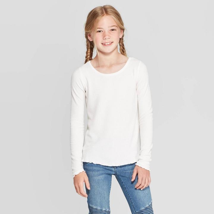 Girls' Long Sleeve Waffle Knit Top - Art Class White