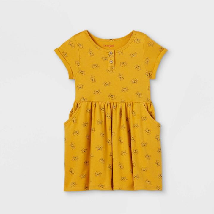 Toddler Girls' Cat Print French Terry Short Sleeve Dress - Cat & Jack Dark Yellow