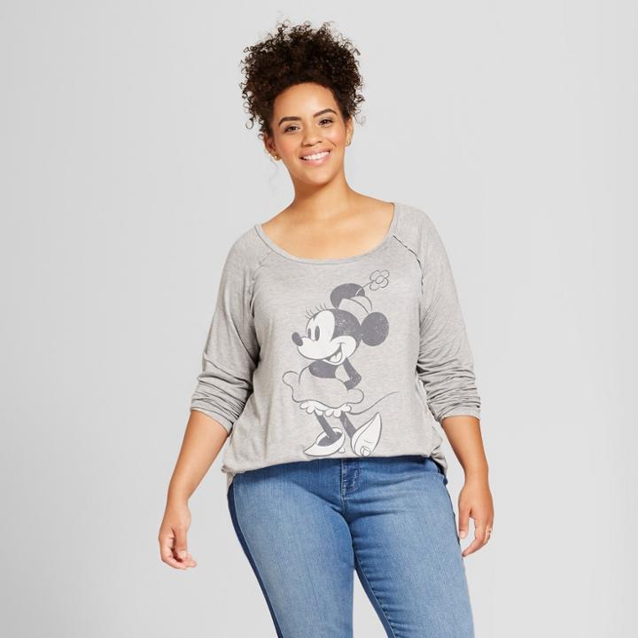 Women's Plus Size Disney Minnie Mouse Long Sleeve Drapey Graphic T-shirt (juniors') - Gray