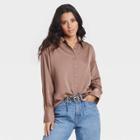 Women's Long Sleeve Satin Shirt - A New Day Brown