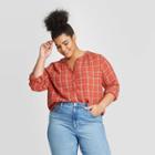 Women's Plus Size Plaid Long Sleeve V-neck Button Front Tunic - Universal Thread Red 1x, Women's,