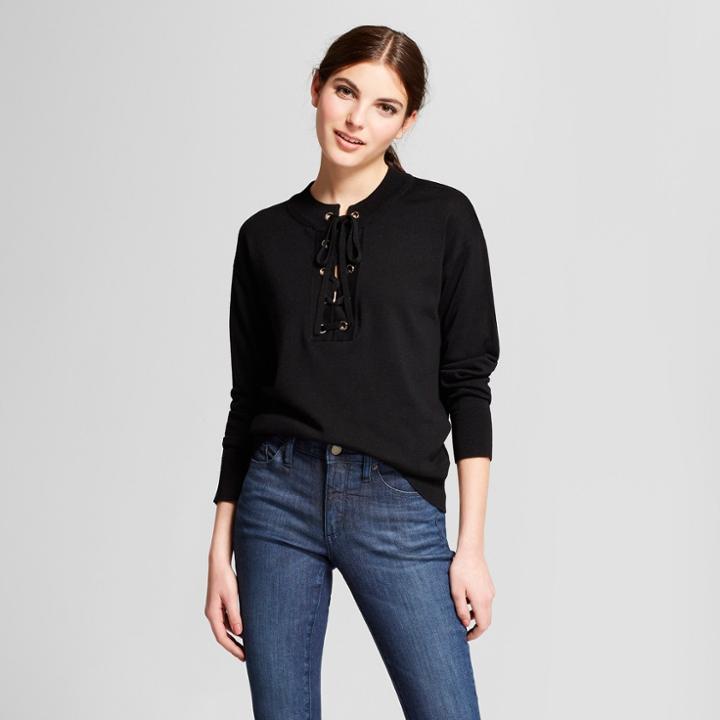 Women's Long Sleeve Lace-up Sweater - Alison Andrews Black