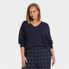 Women's Plus Size Fine Gauge V-neck Sweater - A New Day Navy Blue