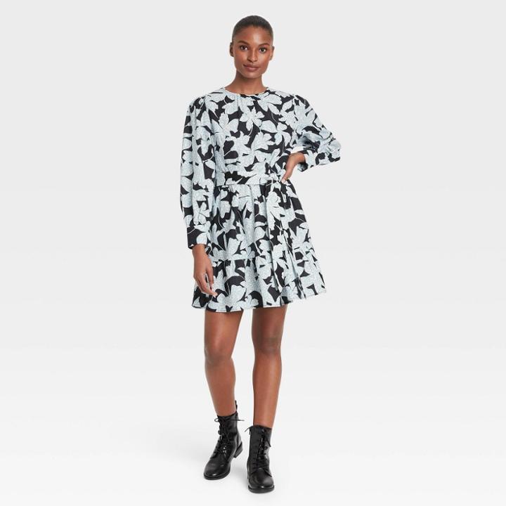 Women's Floral Print Balloon Long Sleeve Tiered Dress - Who What Wear Black